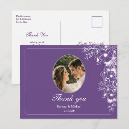 Purple Floral Photo Wedding Thank You Postkarte