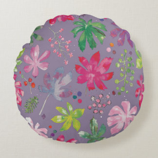 Purple Floral Round Pillow – Pink Garden Pattern Rundes Kissen