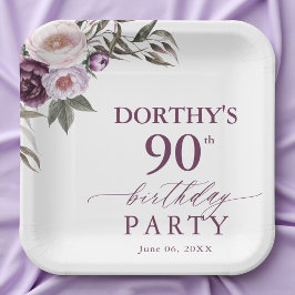 Purple Floral Script 90th Birthday Pappteller
