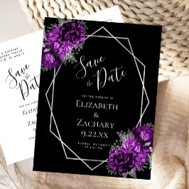 Purple Floral Silver Geo Frame Black Save the Date Postkarte