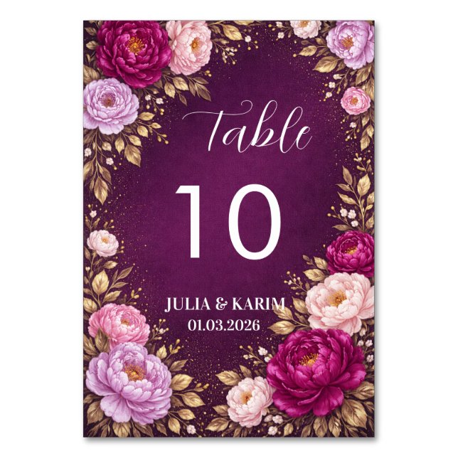 Purple Floral Table Number Cards Wedding Reception Tischnummer (Vorderseite)