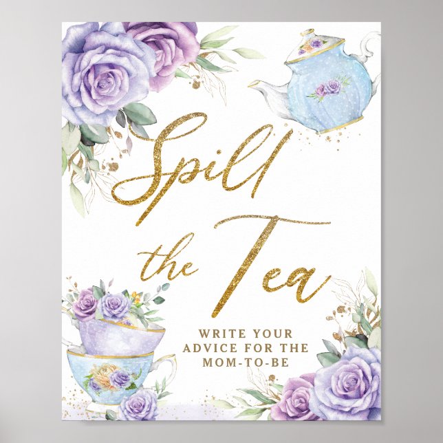 Purple Floral Tea Party Baby Shower Spill The Tea Poster (Vorne)