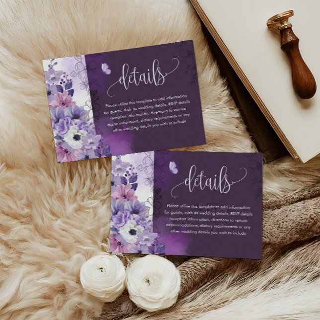 Purple Floral Wedding Details Card Begleitkarte (Von Creator hochgeladen)