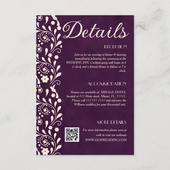 Purple Floral Wedding Details QR code Begleitkarte (Vorderseite)
