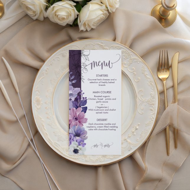 Purple Floral Wedding Menu Card Menükarte (Von Creator hochgeladen)