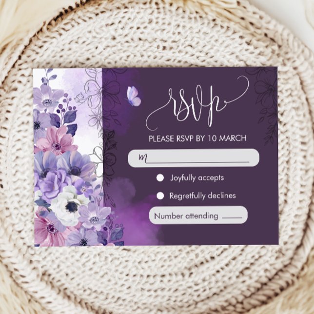 Purple Floral Wedding RSVP Card Karte (Von Creator hochgeladen)