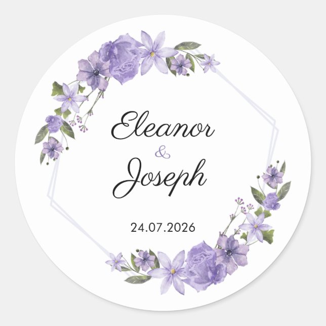 Purple Floral Wedding Sticker Circle Label (Vorderseite)