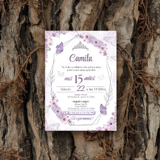 Purple Floral with Butterflies Quinceañera Einladung