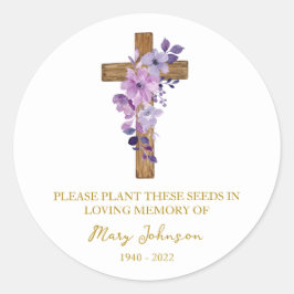 Purple Flower Cross Memorial Funeral Seed Packet Runder Aufkleber