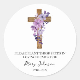 Purple Flower Cross Memorial Funeral Seed Packet Runder Aufkleber