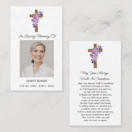 Purple Flower Cross Photo Funeral Prayer Card Visitenkarte