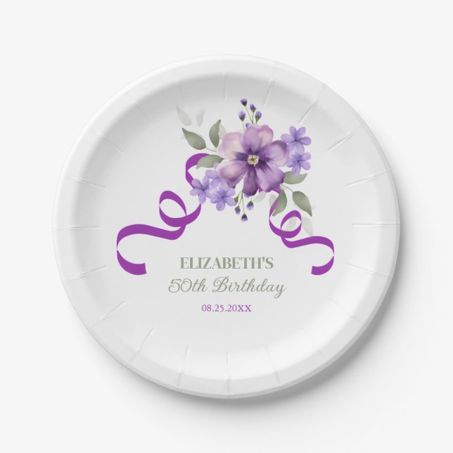 Purple Flower Greenery Ribbon Birthday Pappteller (Vorderseite)