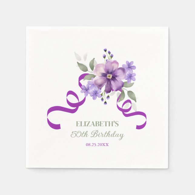 Purple Flower Greenery Ribbon Birthday Serviette (Vorderseite)