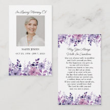 Purple Flower Memorial Photo Funeral Prayer Card