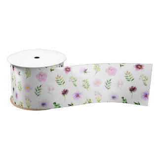 Purple Flowers and Foliage Pattern Satinband