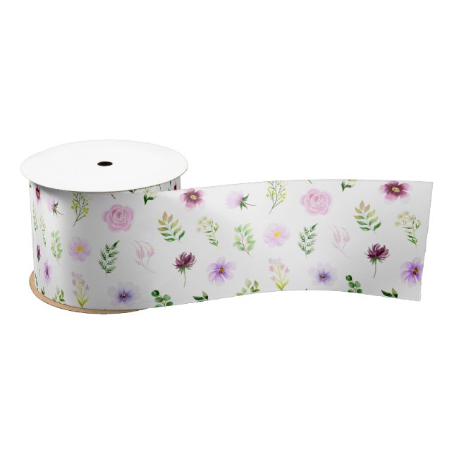 Purple Flowers and Foliage Pattern Satinband (Spule)