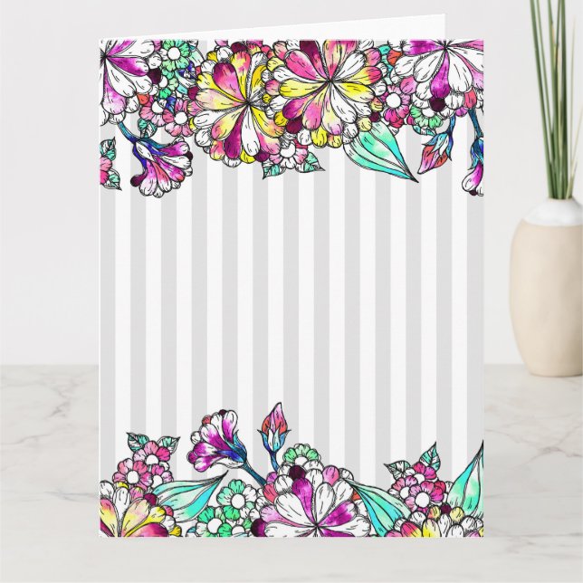 Purple flowers and grey stripes dankeskarte (Vorderseite)