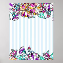 Purple flowers and light blue stripes poster