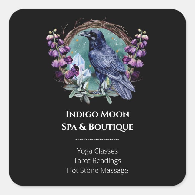 Purple Flowers Celestial Raven Crystals Wreath Quadratischer Aufkleber (Vorderseite)