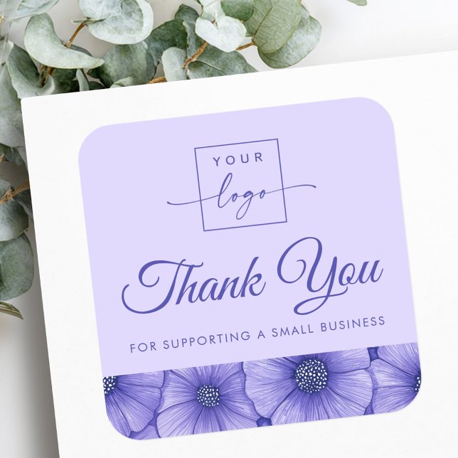 Purple flowers floral border business thank you quadratischer aufkleber (Purple flowers floral border business thank you square sticker)