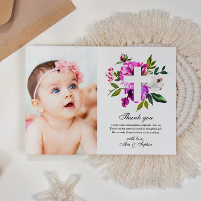 Purple Flowers Foto Taufe Danke Karte (Von Creator hochgeladen)