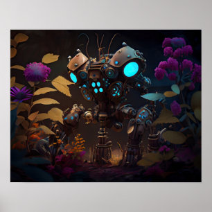 Purple Flowers & Glows Robot Poster
