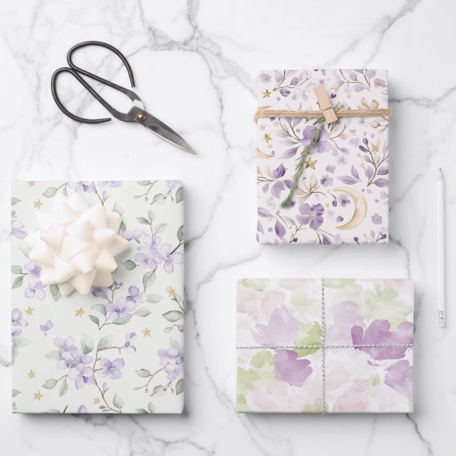Purple Flowers Gold Stars Moons Birthday Geschenkpapier Set (Vorderseite)