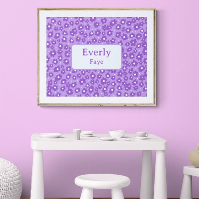 Purple Flowers Individuelle Name Kinder Kinderzimm Poster (Customize the name. Shown with white mat and gold frame. You will receive print only. Thank you!)