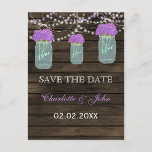 Purple Flowers Mason Jars Barn Wood Wedding Ankündigungspostkarte