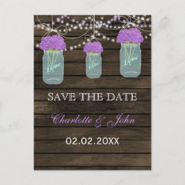 Purple Flowers Mason Jars Barn Wood Wedding Ankündigungspostkarte