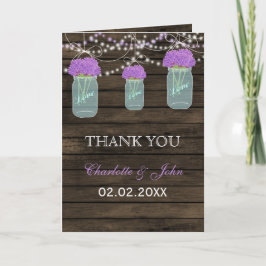 Purple Flowers Mason Jars Barn Wood Wedding Dankeskarte