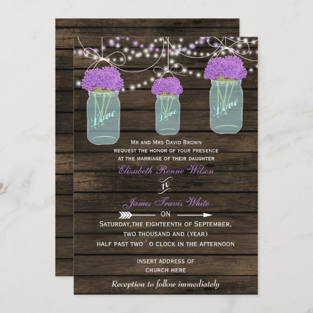 Purple Flowers Mason Jars Barn Wood Wedding Einladung (Vorne/Hinten)