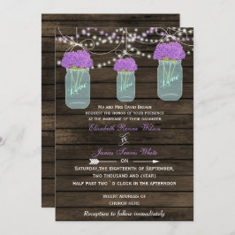 Purple Flowers Mason Jars Barn Wood Wedding Einladung