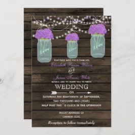 Purple Flowers Mason Jars Barn Wood Wedding Einladung