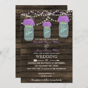 Purple Flowers Mason Jars Barn Wood Wedding Einladung
