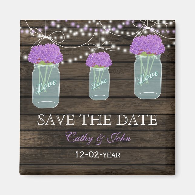 Purple Flowers Mason Jars Barn Wood Wedding Magnet (Vorne)
