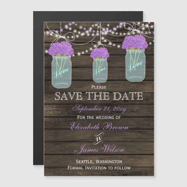 Purple Flowers Mason Jars Barn Wood Wedding Magneteinladung (Vorne/Hinten)