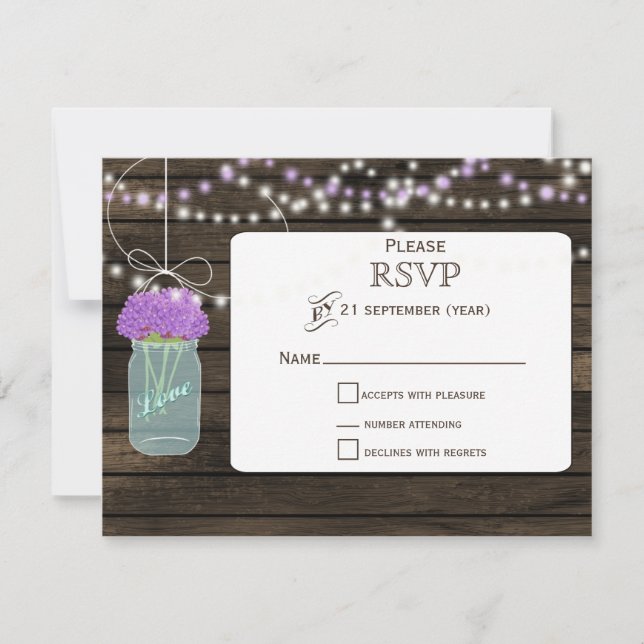 Purple Flowers Mason Jars Barn Wood Wedding RSVP Karte (Vorderseite)