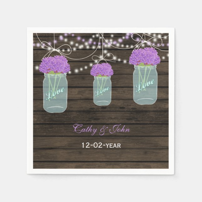 Purple Flowers Mason Jars Barn Wood Wedding Serviette (Vorderseite)