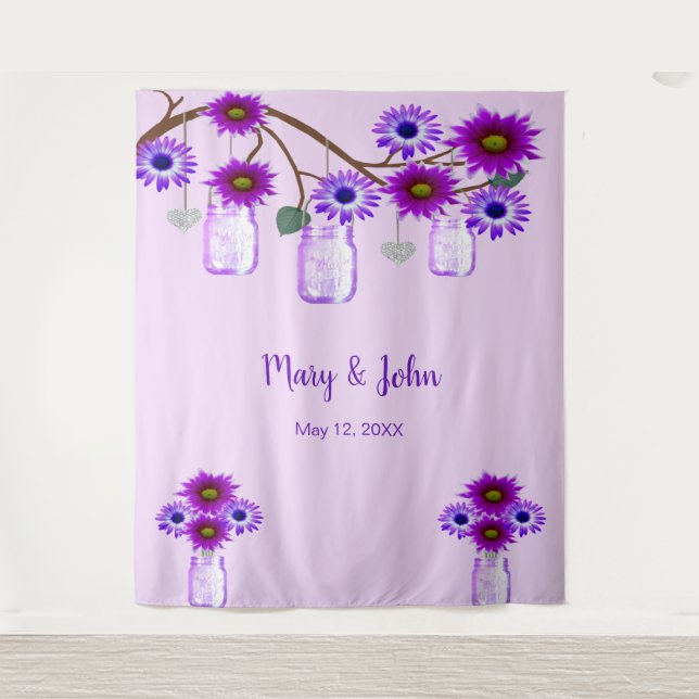 Purple Flowers Mason Jars Foto Hintergrund Wandteppich (Vorderseite)