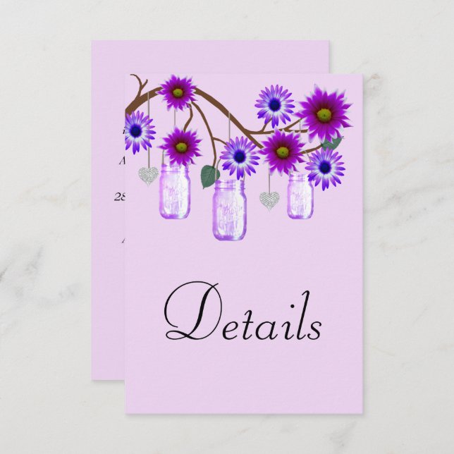 Purple Flowers Mason Jars Wedding Details Begleitkarte (Vorne/Hinten)