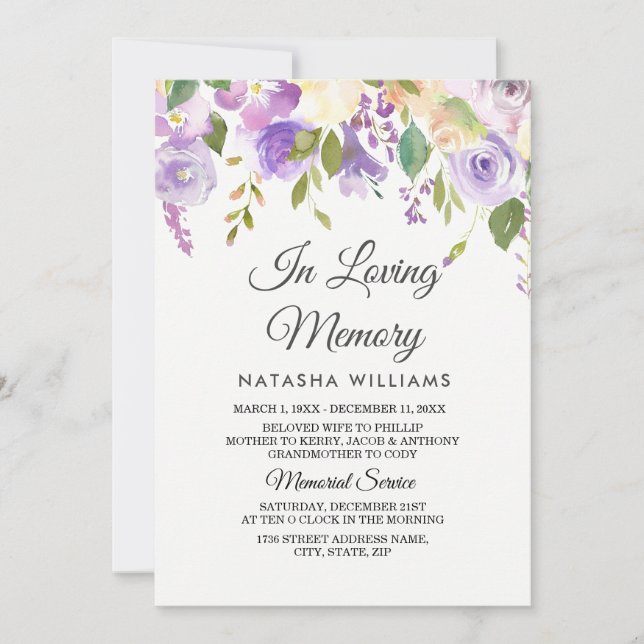 Purple Flowers Memorial Announction Service Einladung (Vorderseite)