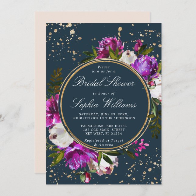 Purple Flowers & Navy Blue Brautparty Einladung (Vorne/Hinten)