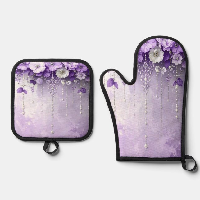 Purple Flowers Oven Mitt & Pot Holder Set (Vorderseite)