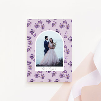 Purple Flowers Romantic Script Arch Foto Dankeskarte