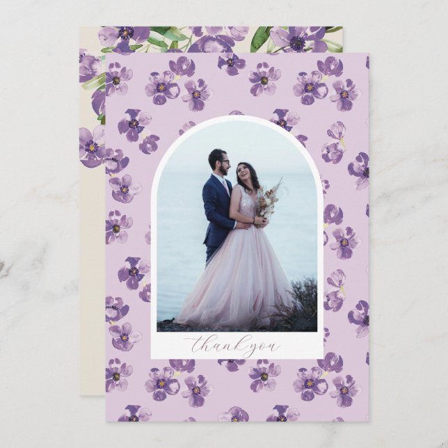 Purple Flowers Romantic Script Arch Foto Dankeskarte (Vorne/Hinten)
