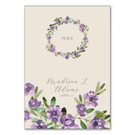 Purple Flowers Romantic Script Foldable Name Card Tischnummer