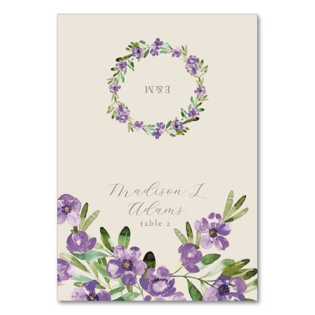 Purple Flowers Romantic Script Foldable Name Card Tischnummer (Vorderseite)