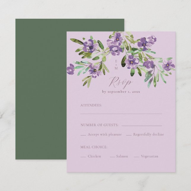 Purple Flowers Romantische Kalligraphie RSVP Karte (Vorne/Hinten)
