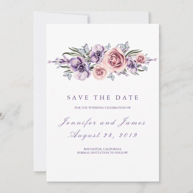 Purple Flowers Romantische Save the Date (Vorderseite)